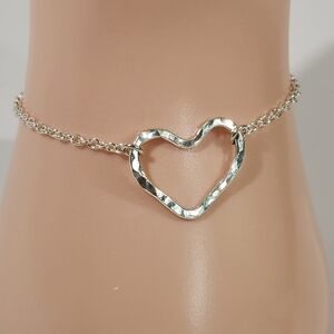 Genuine Sterling Silver Bracelet Chain With Hammered Sterling Heart